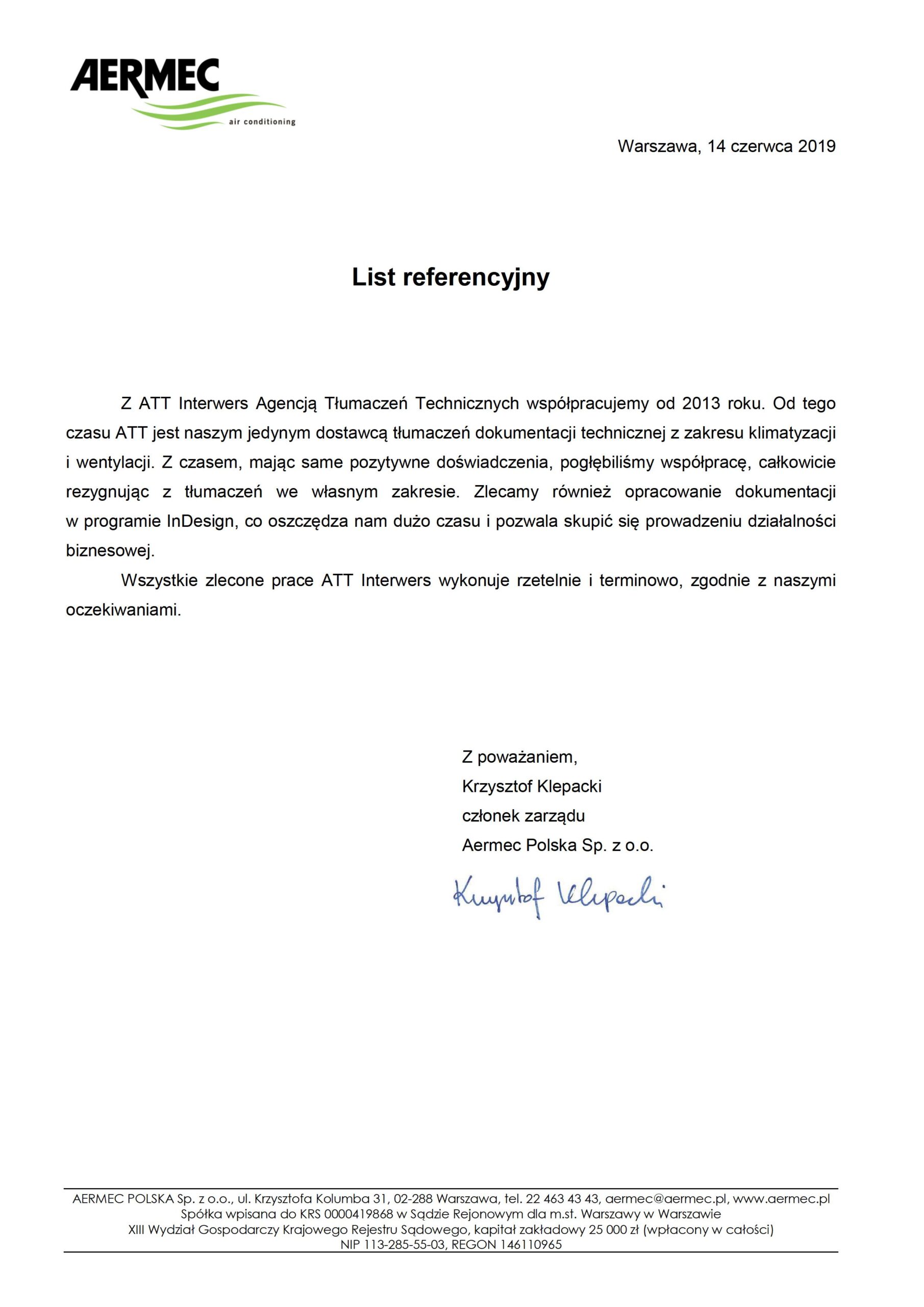 List rekomendacyjny od firmy Aermec dla Biura Tłumaczeń ATT 
