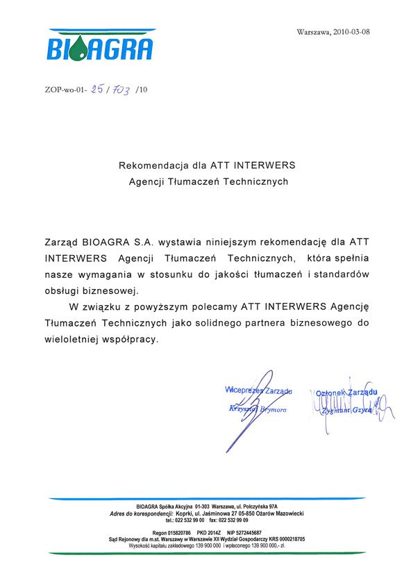 Bioagra rekomenduje Biuro Tłumaczeń ATT