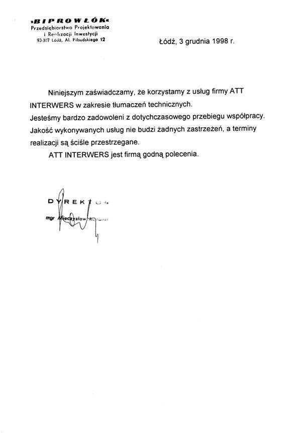 Rekomendacja od Biprowłók dla Biura Tłumaczeń ATT