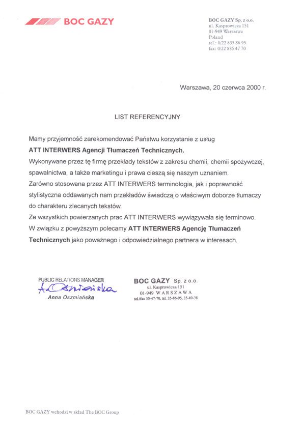BOC Gazy rekomenduje Biuro Tłumaczeń ATT