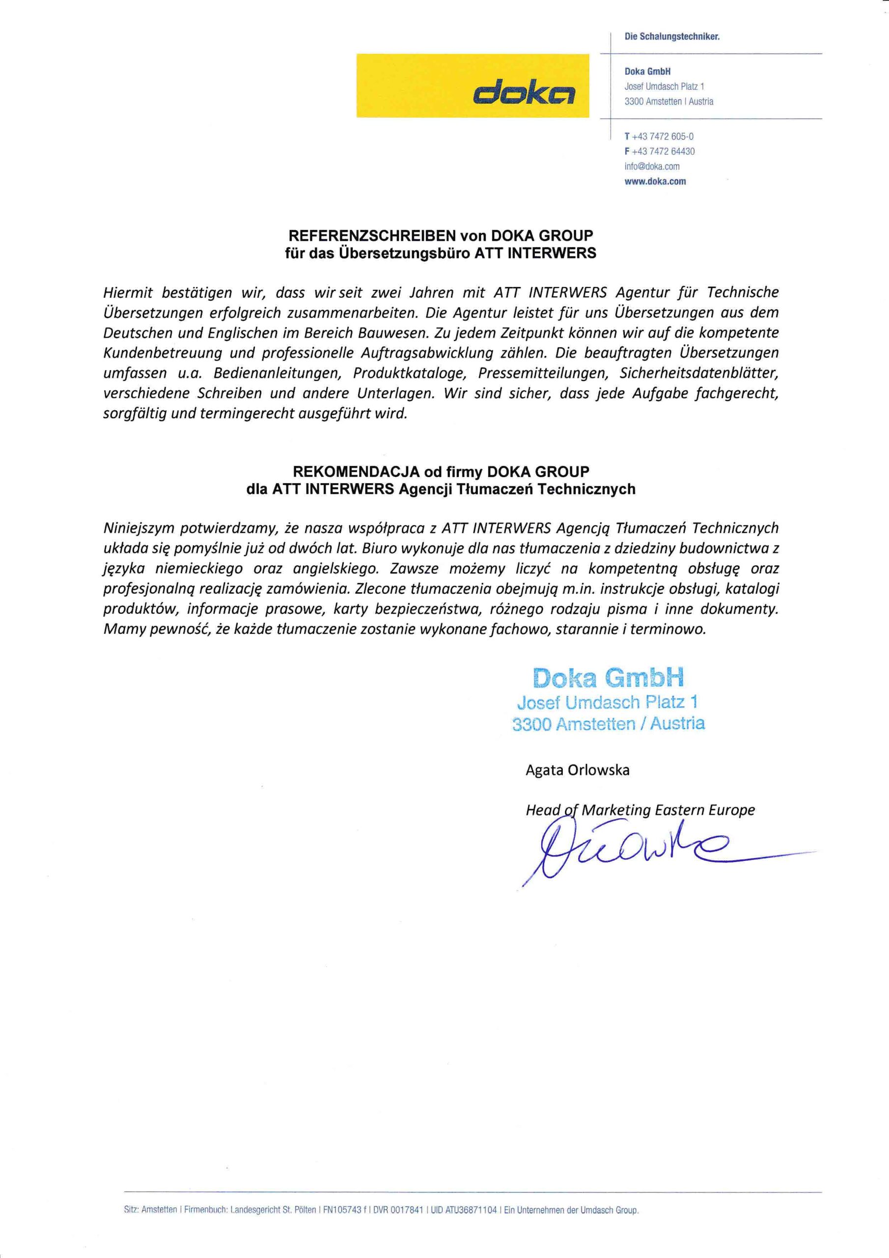 Doka rekomenduje Biuro Tłumaczeń ATT