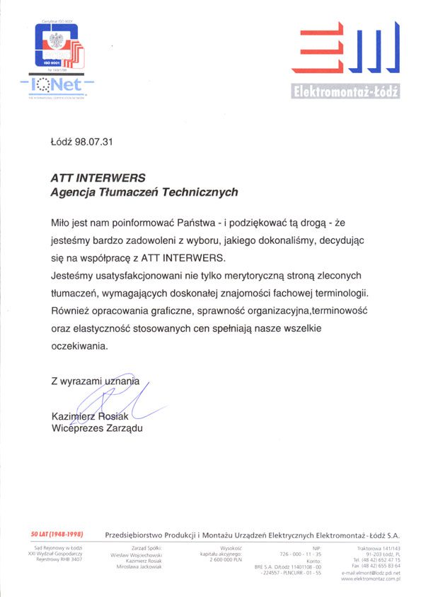 Elektromontaż-Łódź rekomenduje Biuro Tłumaczeń ATT