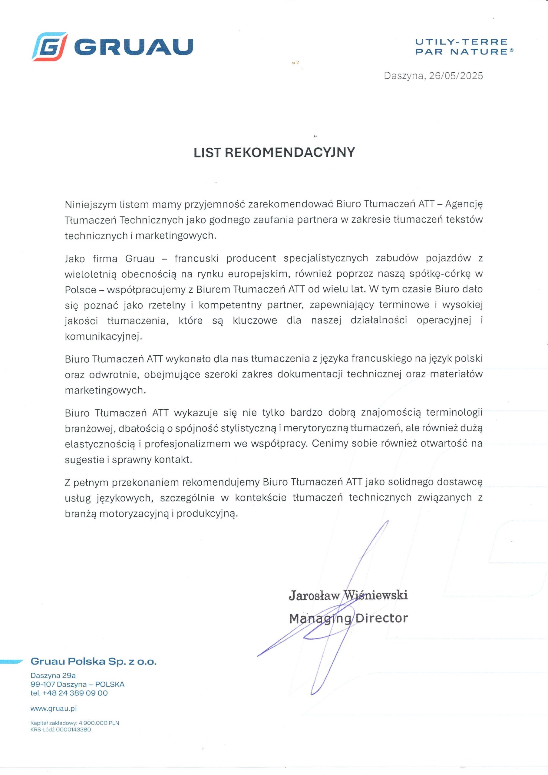 Gruau rekomenduje Biuro Tłumaczeń ATT