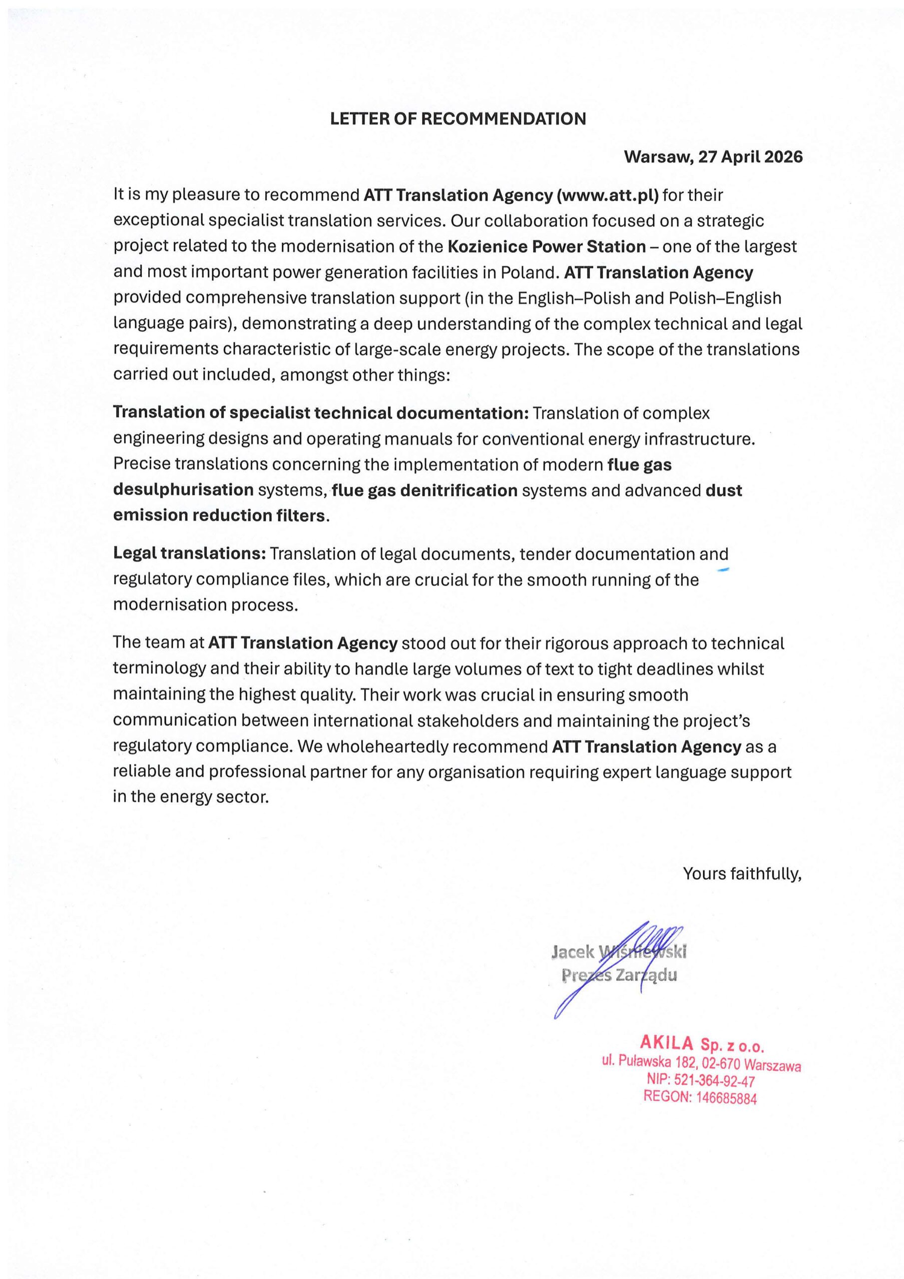 Referencje w języku angielskim od Akila Sp. z o.o. dla Biura Tłumaczeń ATT – tłumaczenia angielski energetyka, modernizacja Elektrowni Kozienice.