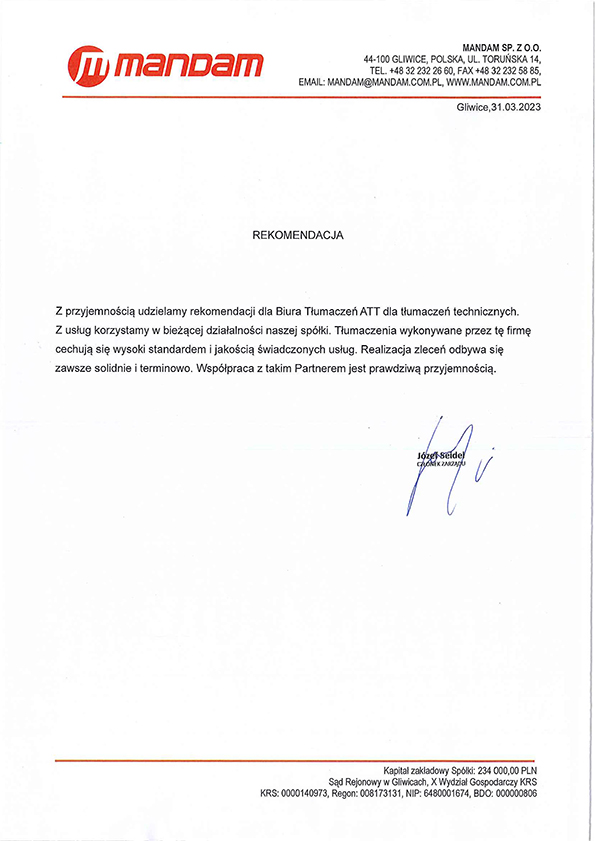 Mandam rekomenduje Biuro Tłumaczeń ATT