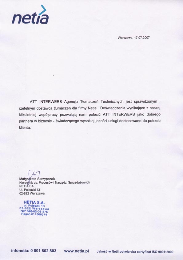 Netia o tłumaczeniach Biura Tłumaczeń ATT