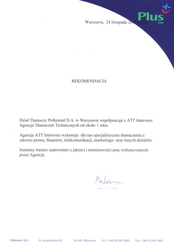 Polkomtel rekomenduje Biuro Tłumaczeń ATT