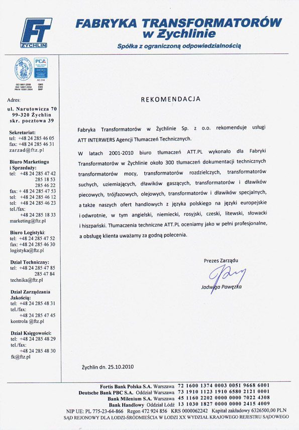 Fabryka Transformatorów w Żychlinie rekomenduje usługi Biura Tłumaczeń ATT.