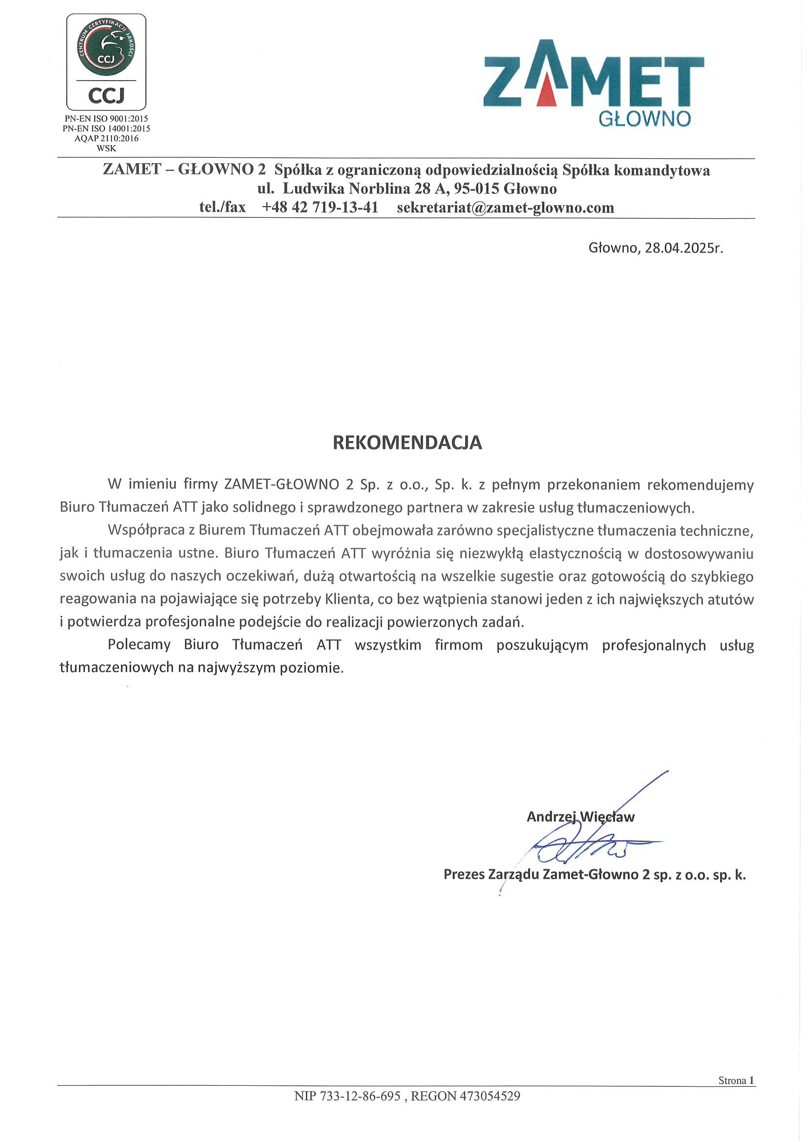 Zamet Głowno rekomenduje Biuro Tłumaczeń ATT