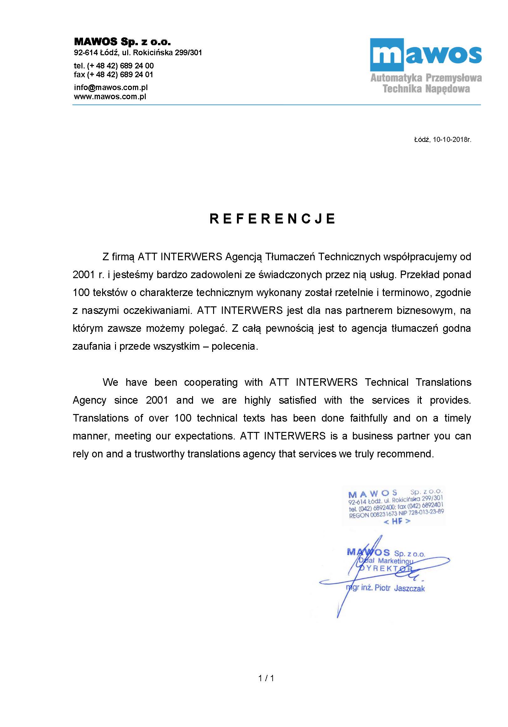 Referencje od Mawos dla Biura Tłumaczeń ATT