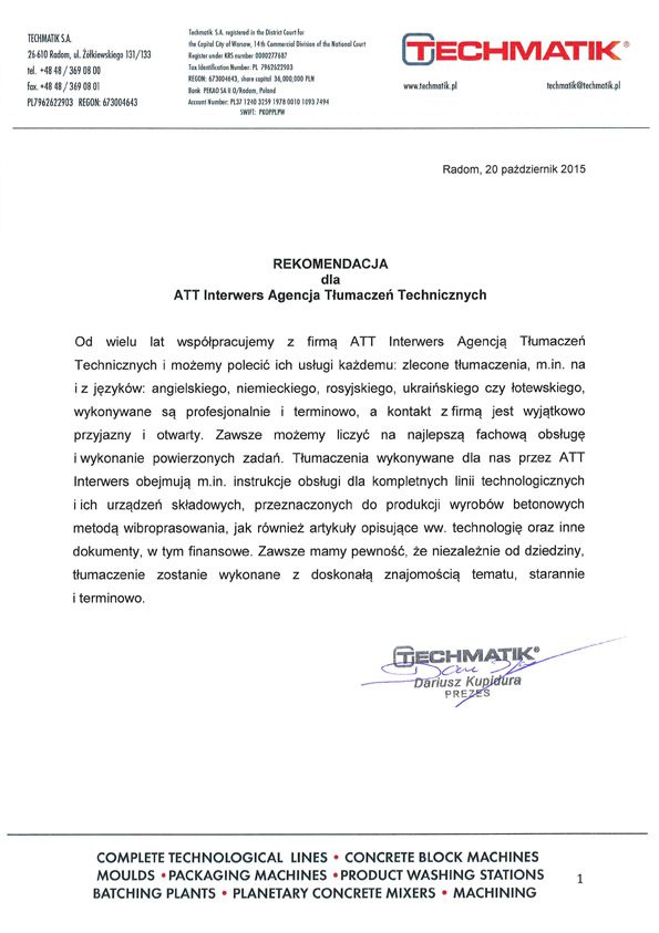 Radom rekomendacja dla Biura Tłumaczeń ATT