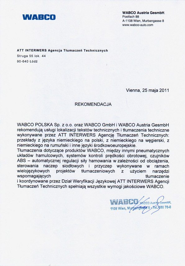 Rekomendacja od WABCO Austria dla Biura Tłumaczeń ATT