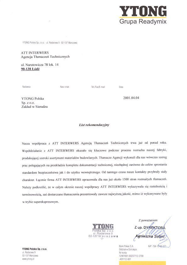 List referencyjny Ytong dla Biura Tłumaczeń ATT