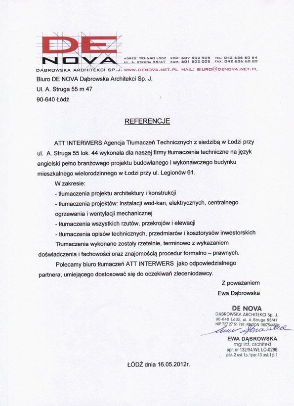 De Nova Architekci rekomenduje Biuro Tłumaczeń ATT